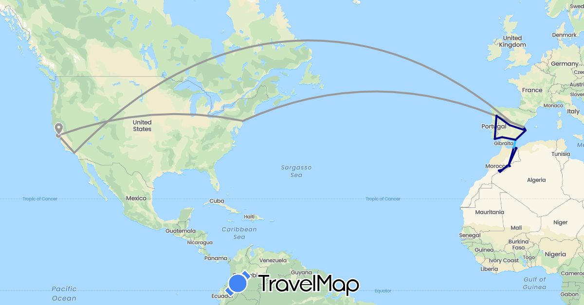 TravelMap itinerary: driving, plane, boat in Spain, Morocco, Portugal, United States (Africa, Europe, North America)